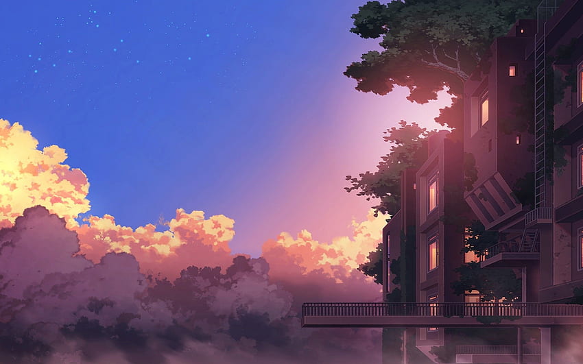 Kraj anime, budynek, zachód słońca, chmury, sceniczny Tapeta HD