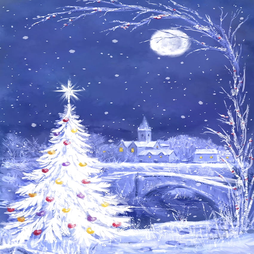 魔法のクリスマス、冬、屋外、絵画、クリスマス、美しい、自然、美しい、木 高画質の壁紙
