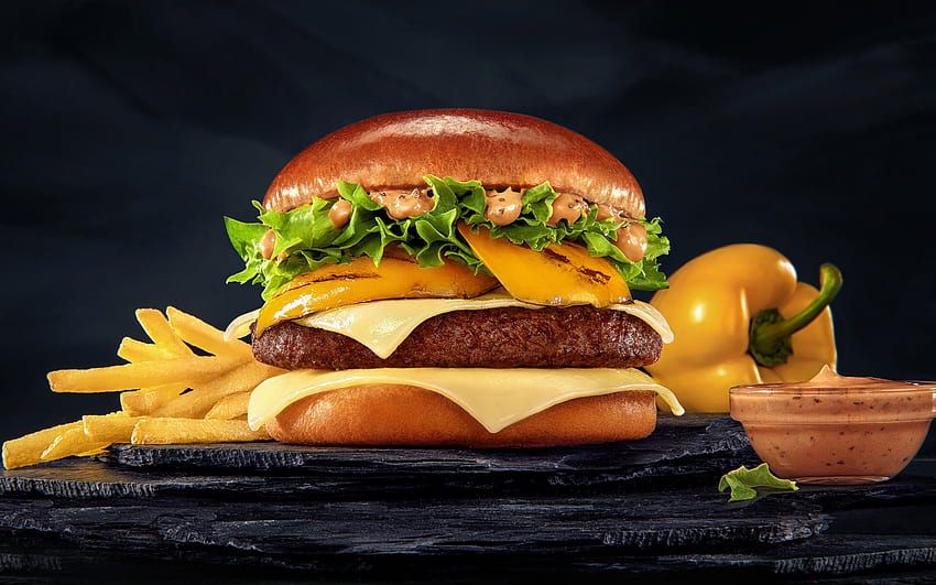 Hamburger, mięso, frytki, fast food, Hamburguer Tapeta HD