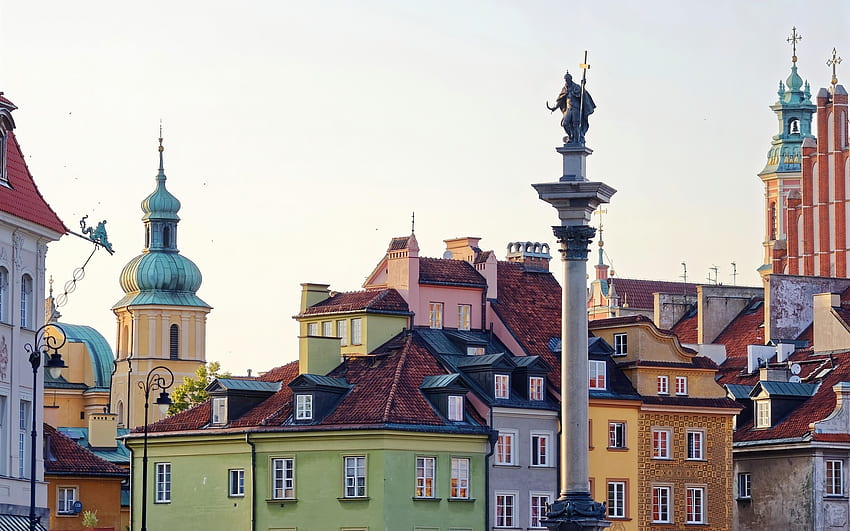 Varsavia, Polonia, Varsavia, monumento, case, chiesa, Polonia Sfondo HD