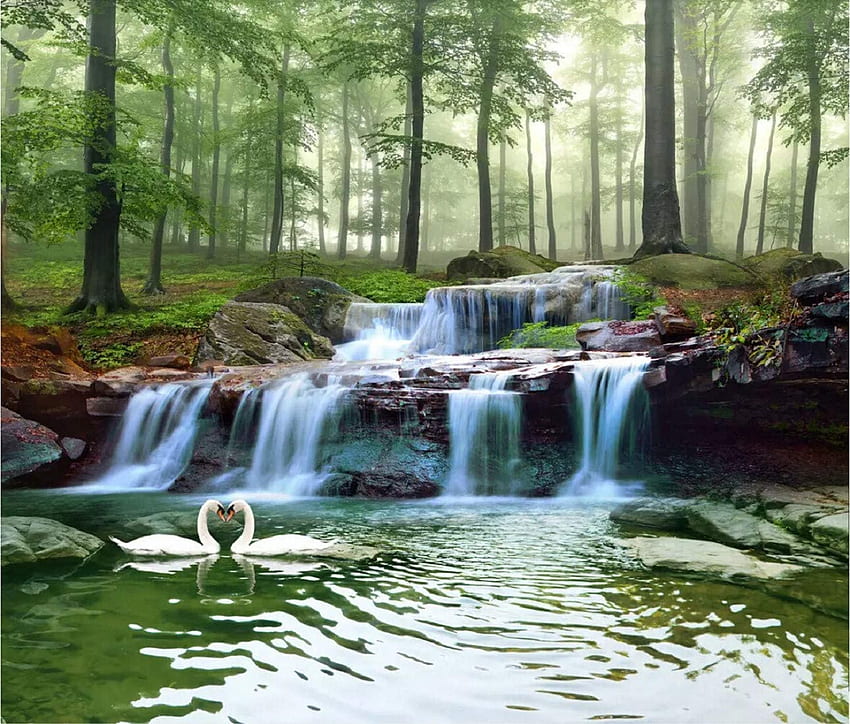Foto 3D Forest Creek Wodospad Las Pejzaż Malarstwo Kraj Niestandardowy efekt 3D Duży mural Foto Wystrój domu Tapeta HD
