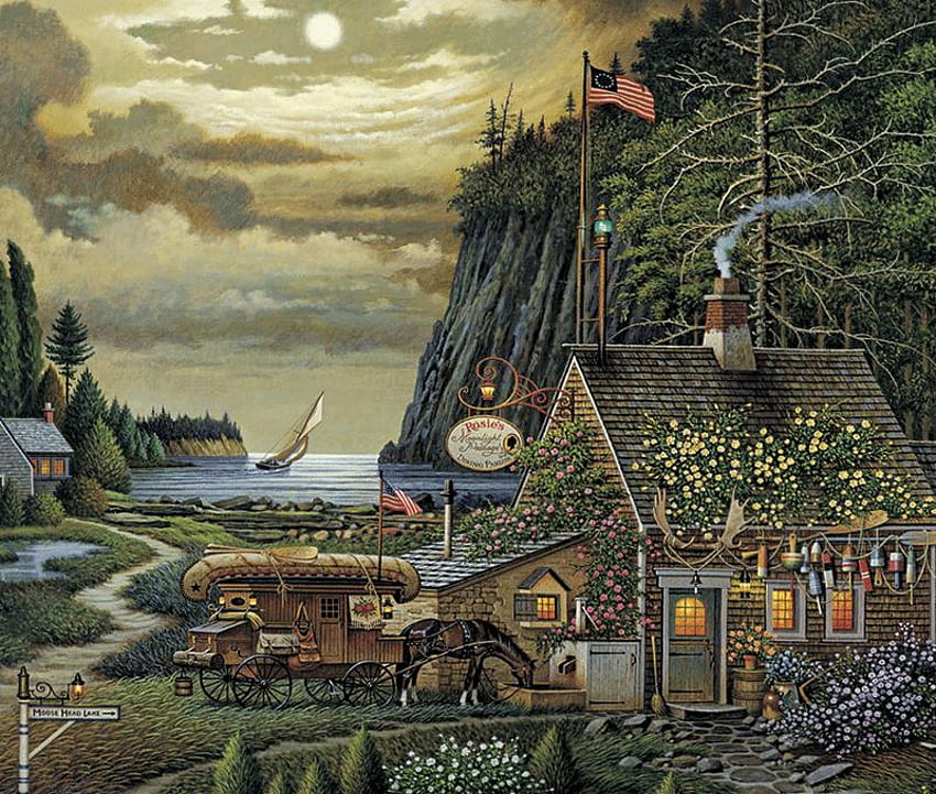 Moonlight Passage, boat, wagon, horse, pine trees, sidewalk, house, step, flag, mountain, signs, moon, smoke, flowers, water HD wallpaper