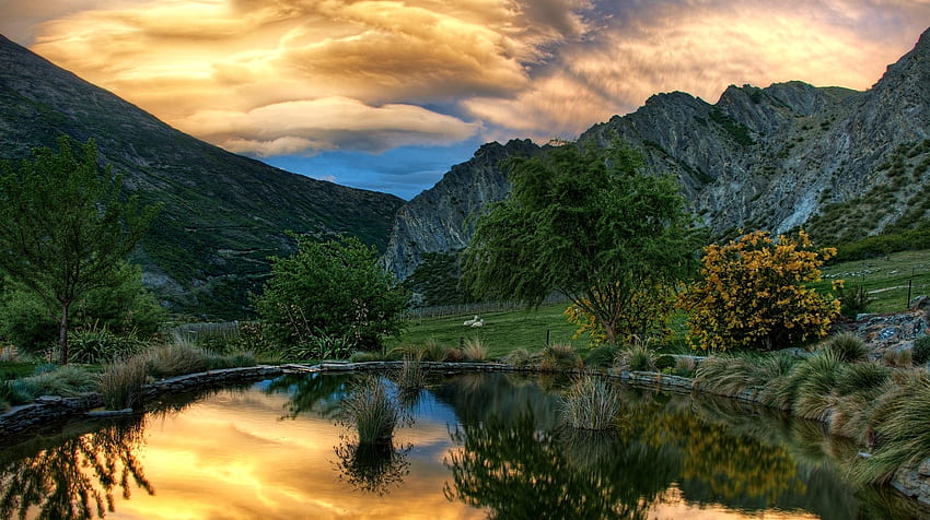 ニュージーランドの夕日, 自然, 池, 日没, 山 高画質の壁紙