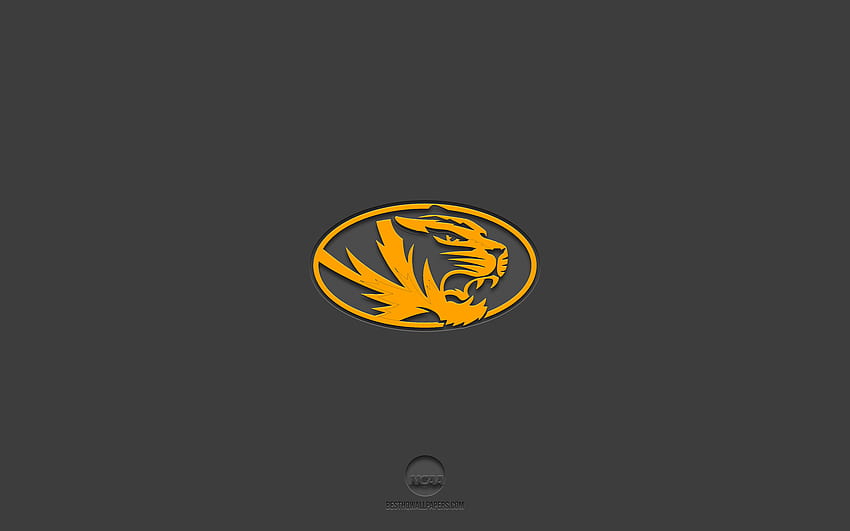 Missouri Tigers, grauer Hintergrund, American Football Team, Missouri Tigers Emblem, NCAA, Missouri, USA, American Football, Logo der Missouri Tigers HD-Hintergrundbild