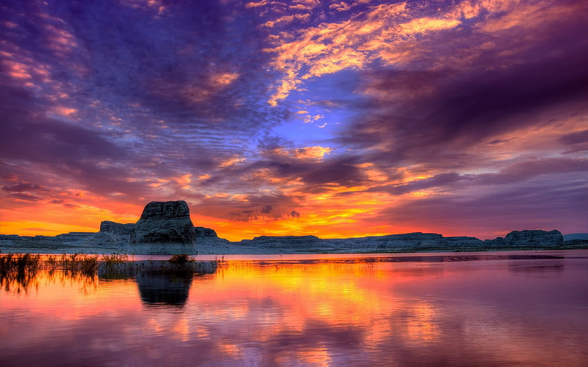 sunset, evening, lake, water, reflection, red, lake, Lake Powell HD wallpaper