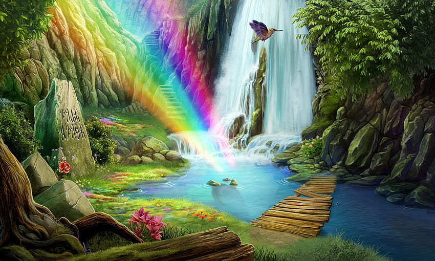 Path to the Falls, wooden, dock, rainbow, path, waterfalls HD wallpaper