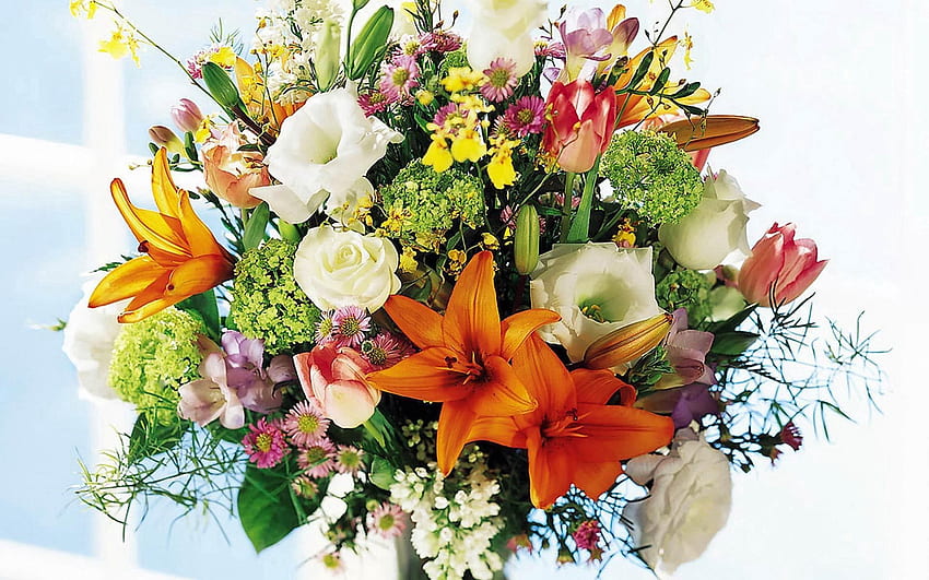Blumen, Rosen, Lilien, Glanz, Licht, Blumenstrauß, Fenster HD-Hintergrundbild