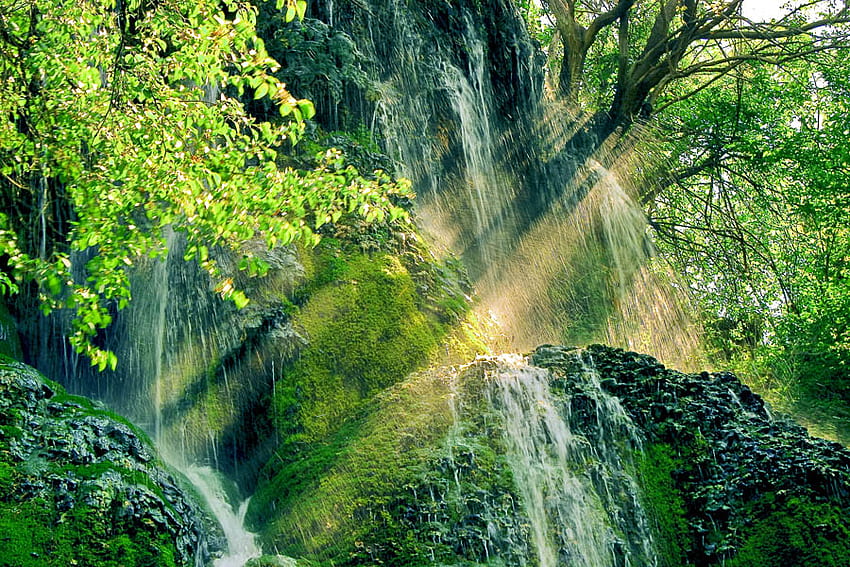 Krushina Waterfall ( for TN), graphy, beautiful, pretty, light, shine, bulgaria, waterfall, trees, view, nature, , water, sun HD wallpaper