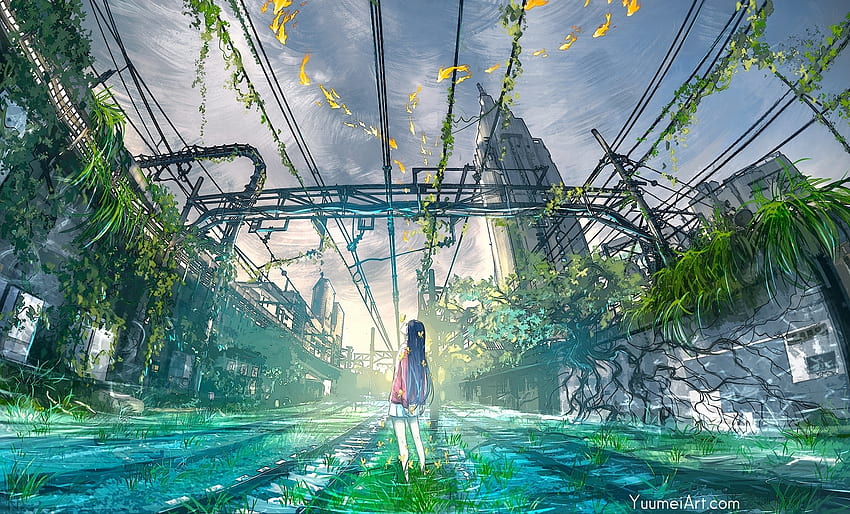 Stacja kolejowa, kolej, dziewczyna z anime, oryginał Tapeta HD