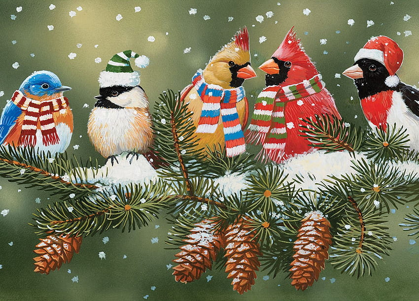 Festive Birds On A Snowy Branch, funny, snow, cardinals, chickadee, painting, pinecones HD wallpaper