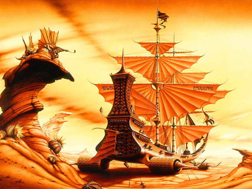 L'arte di Rodney Matthews, opera d'arte, nave, arte, Rodney Matthews, ambra, vele, arte fantasy Sfondo HD