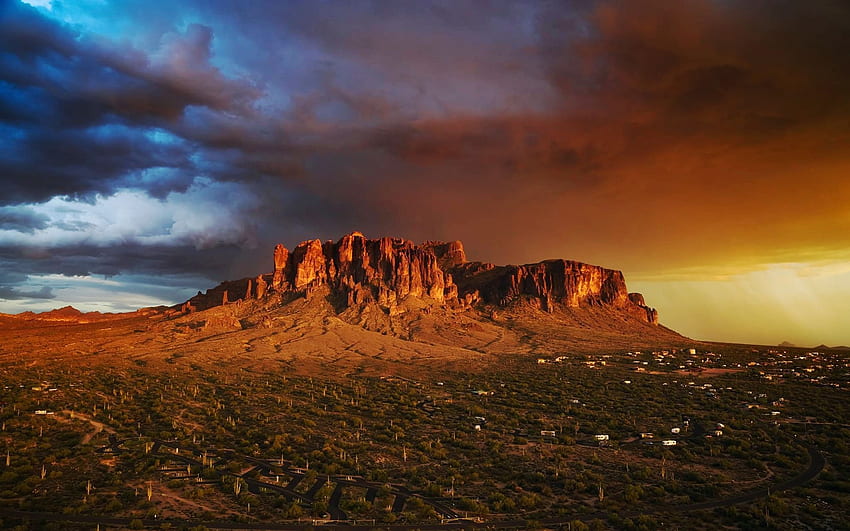 The Superstition Mountains, just east of Phoenix, Arizona, clouds, USA, sky, sunset, rocks HD wallpaper