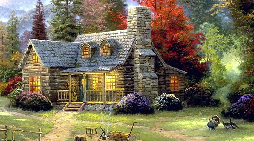 Old Cottage, sanat eseri, ev, ağaçlar, sonbahar, doğa, orman HD duvar kağıdı