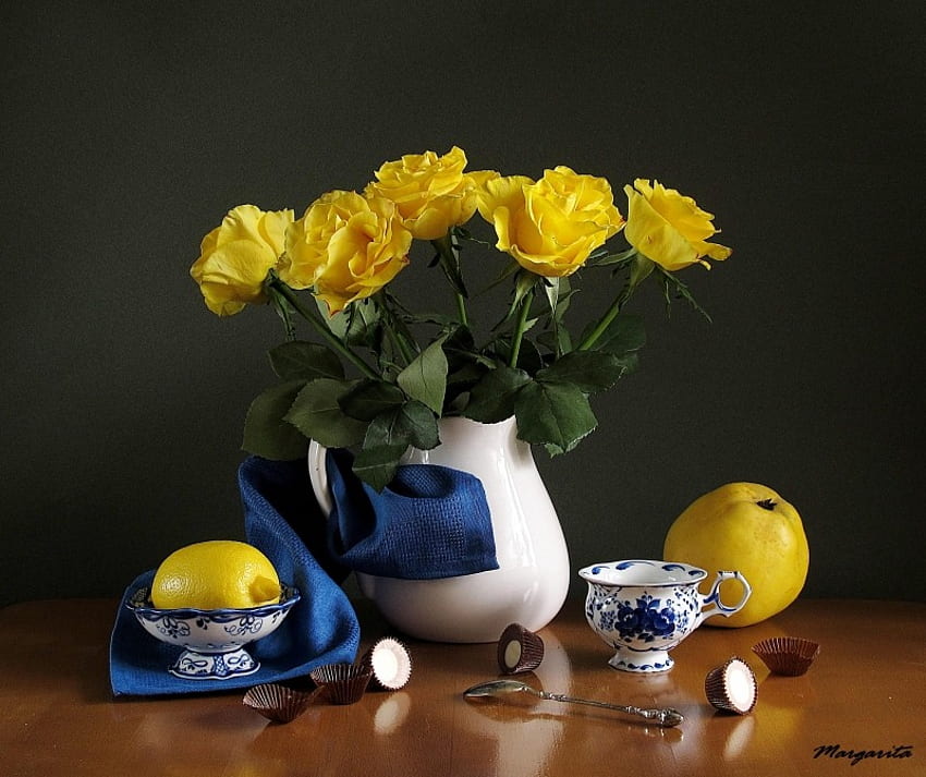 still life, bouquet, graphy, kettle, nice, rose, flower, lemon, fruit, , roses, elegantly, beautiful, cup, candy, pretty, yellow, cool, apple, flowers, lovely, harmony HD wallpaper