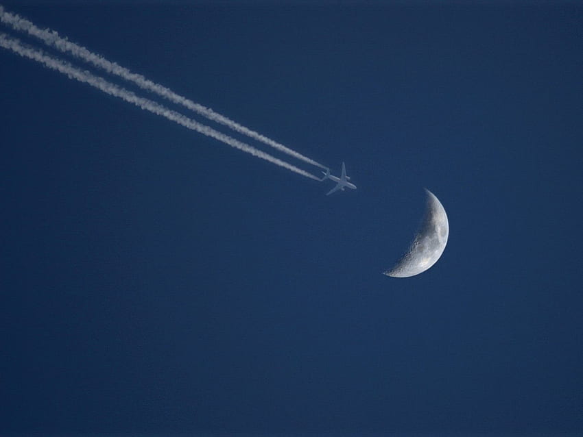 비행운, 푸른 하늘, 달, 푸른 달 HD 월페이퍼