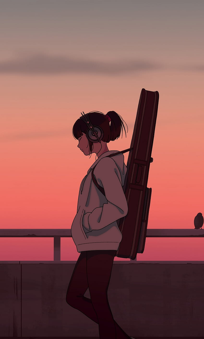 Mädchenmusiker, Gitarre, Animemädchen, Sonnenuntergang, Kunst, iPhone 6 Plus HD-Handy-Hintergrundbild
