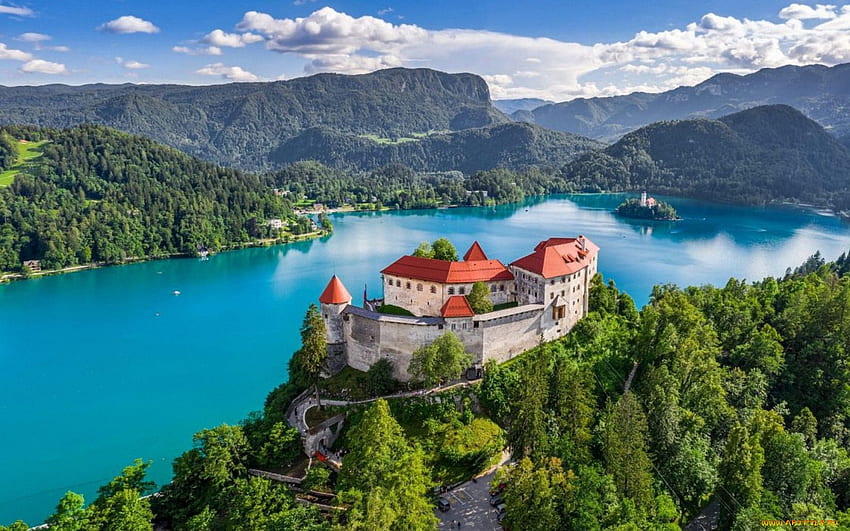 スロベニアの城、ブレッド、城、湖、スロベニア 高画質の壁紙