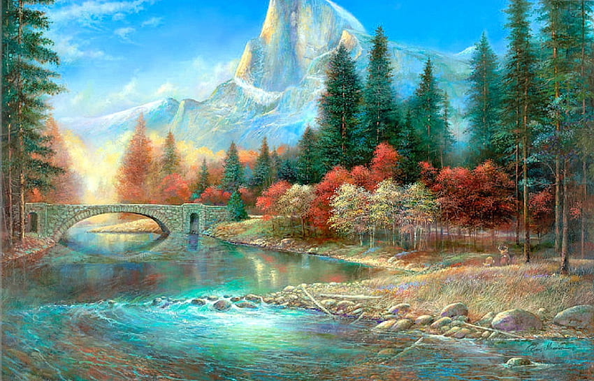 Yosemite, atraksi dalam mimpi, lukisan, musim panas, taman, cinta empat musim, alam, jembatan, pegunungan, sungai Wallpaper HD