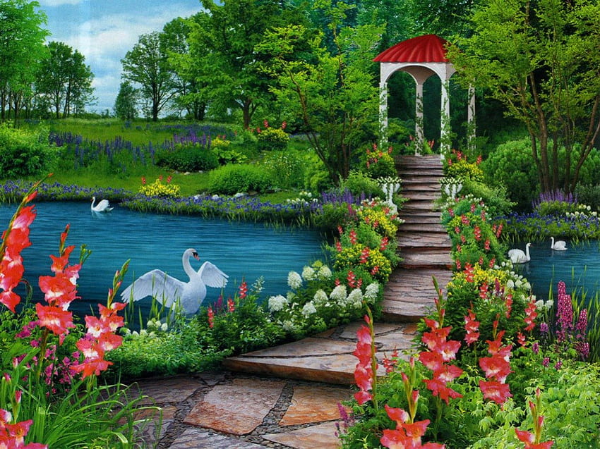 Беседка на любовта, растения, спокойствие, спокойствие, хубаво, тихо, дървета, зеленина, вода, спокойствие, езерце, спокойствие, изкуство, беседка, рай, романтика, красиво, езеро, парк, лято, лебеди, фантазия, красива, любов, мост, природа, романтика, цветя, прекрасно, спокойствие HD тапет