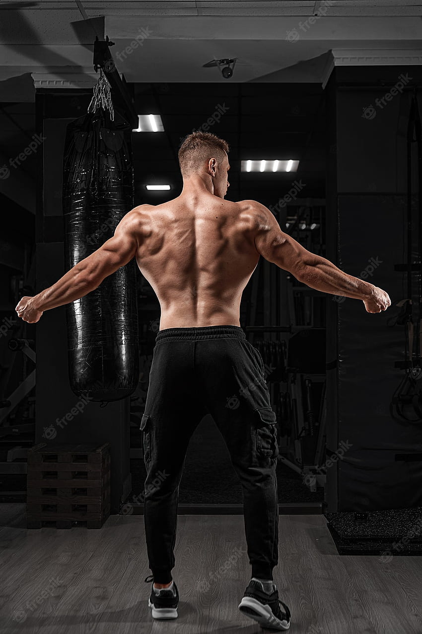 Премиум . Силен атлетичен мъж фитнес модел, позиращ на мускулите на гърба трицепс latissimus на тъмен фон HD тапет за телефон
