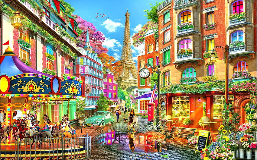 Paris Eiffel, atlıkarınca, Eyfel Kulesi, , araba, sokak, çiçekler, evler, insanlar HD duvar kağıdı