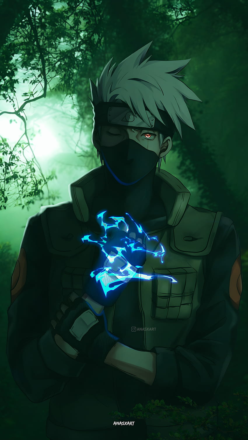 Kakashi Hatake, Sharingan, sanat, yeşil, çizgi film, doğa, Naruto, anasxart, Boruto, Kakashi_sensei HD telefon duvar kağıdı