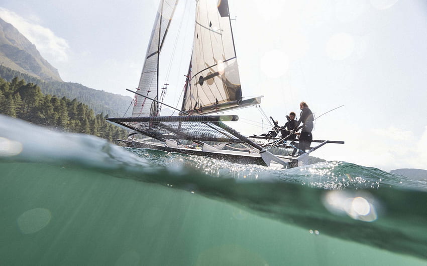 yacht catamaran, sailing, sailboat, lake, water sports, Engadin, Switzerland HD wallpaper