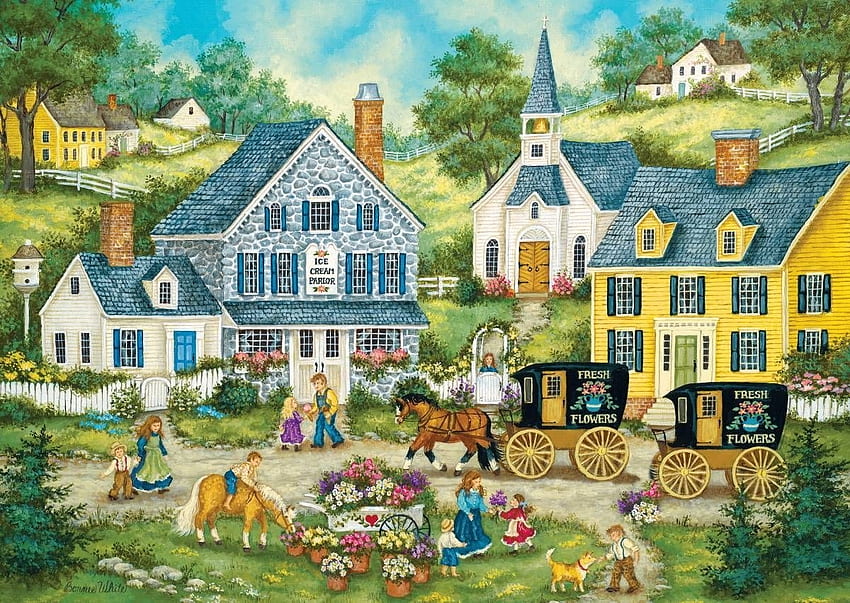 Flower Sellers, white, , sellers, art, puzzles, paintings, houses, jigsaw, bonnie, America, fine, flowers HD wallpaper