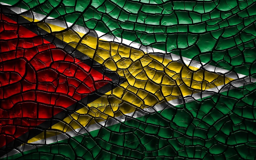 Drapeau de la Guyane, sol fissuré, Amérique du Sud, drapeau guyanais, art 3D, Guyane, pays d'Amérique du Sud, symboles nationaux, drapeau Guyane 3D pour avec résolution. Haute qualité Fond d'écran HD