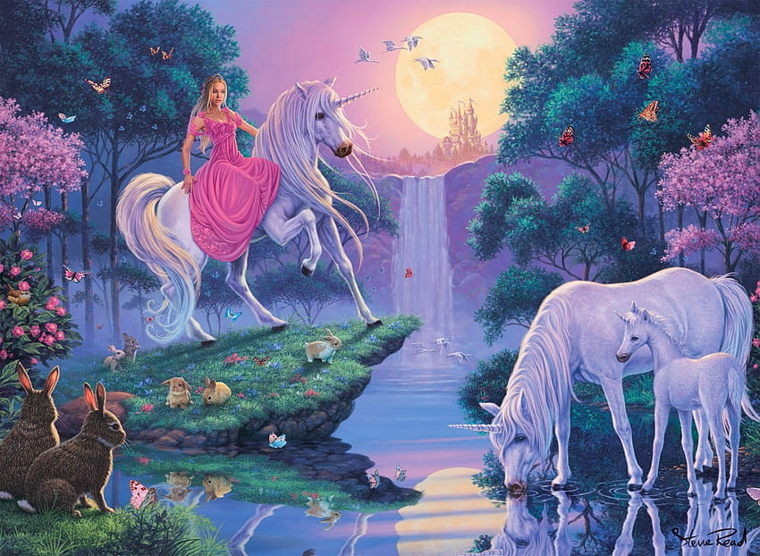 プリンセス, 彼女の Unciorn に乗って, ユニコーン, ピンク, ファンタジー, 芸術 高画質の壁紙