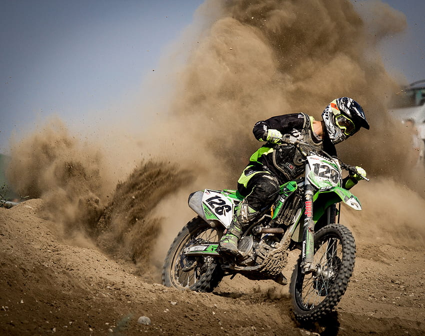 Rider Riding Green Motocross Dirt Bike · Stock HD wallpaper