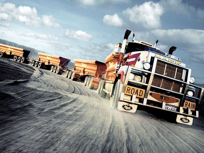 マックトラック。 バックグラウンド。 トラック、マックトラック、ロードトレイン、建設用トラック 高画質の壁紙