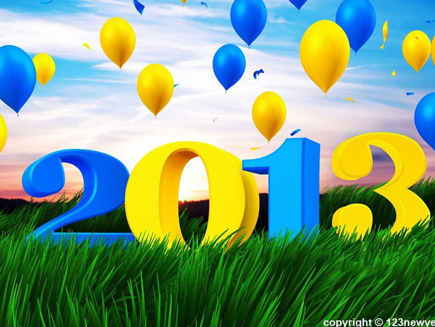 ღ.Szczęśliwego Nowego Roku 2013.ღ, niebieski, kolorowy, festiwal, uroczy, kolory, balony, wakacje, abstrakcyjny, jasny, szczęśliwy, godny podziwu, chmura, powitanie, biały, inny, piękny, trawa, uroczystość, na wolnym powietrzu, wyświetla, ładny , zielony, żółty, niebo, piękny, przepych Tapeta HD
