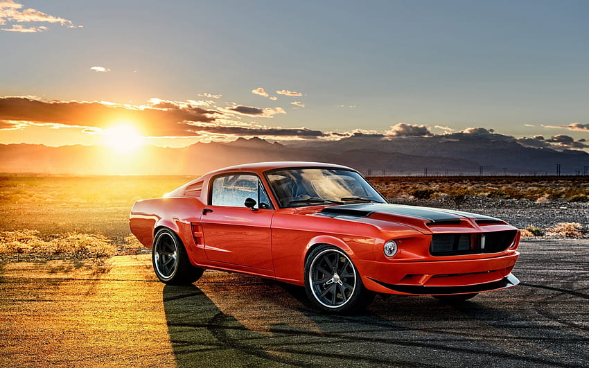 Ford Mustang ปี 1968 รถคลาสสิก มัสแตงสีส้ม รถย้อนยุค พระอาทิตย์ตก ด้วยความละเอียด . คุณสูง วอลล์เปเปอร์ HD