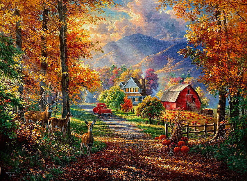 Fall memories, colorful, art, fall, peaceful, houses, mountain, serenity, leaves, painting, autumn, cottage, forest, village, memories, countryside, foliage, deers HD wallpaper