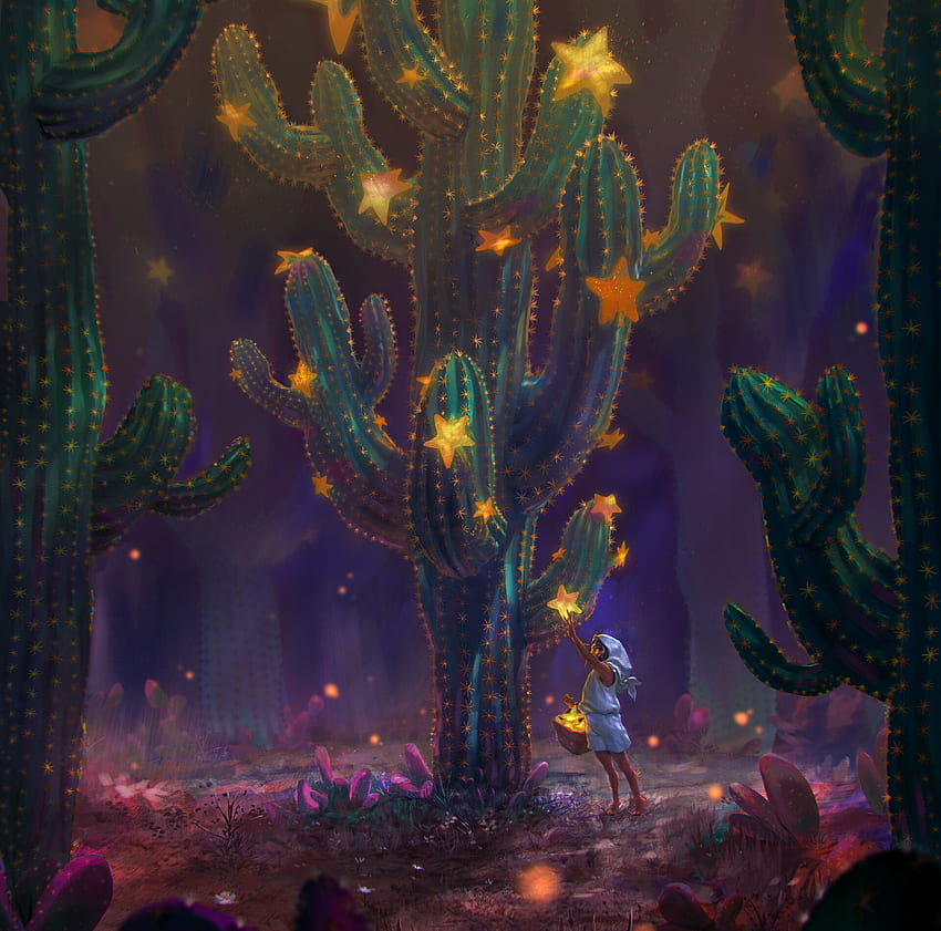 Harvest, ameera sheikh, girl, cactus, night, art, dark, star, fantasy, yellow, green, luminos HD wallpaper