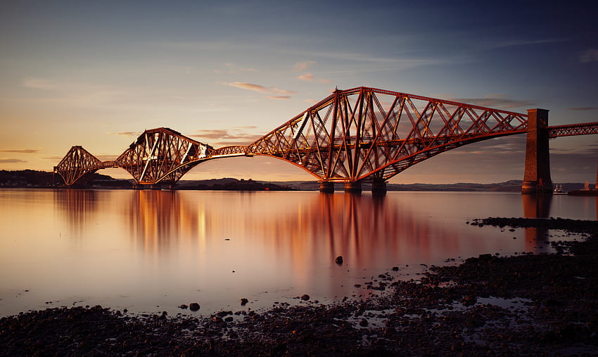 Miasta, zachód słońca, Szkocja, zatoka, most kolejowy, most kolejowy, most Fort, most Forth Tapeta HD