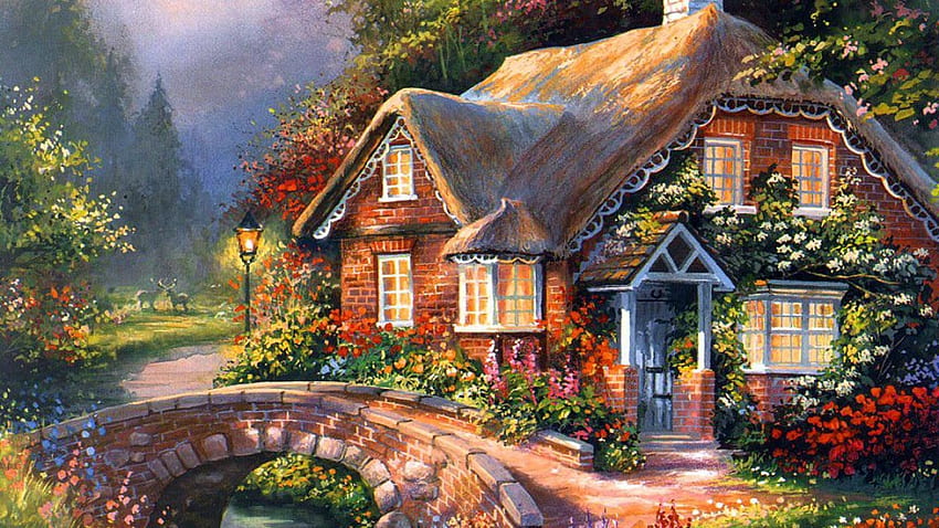 Painting, Summer, Creek, Cottage, Beautiful, Flowers, Stone, Bridge, Paradise, Amazing , , High Quality, . The HD wallpaper