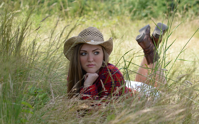 ~Cowgirl~, cowgirl, field, brunette, grass, boots, hat HD wallpaper