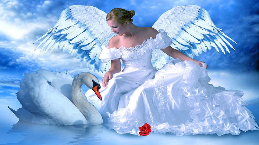 Swan Lake Blue Angel Girl Red Rose Fantasy Art Beautiful HD wallpaper