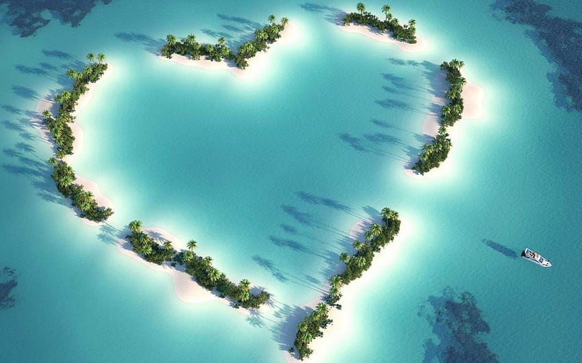 ハートの島、海、熱帯の島々、モルディブ、ハート型の島、ロマンチックな場所、愛の概念 高画質の壁紙