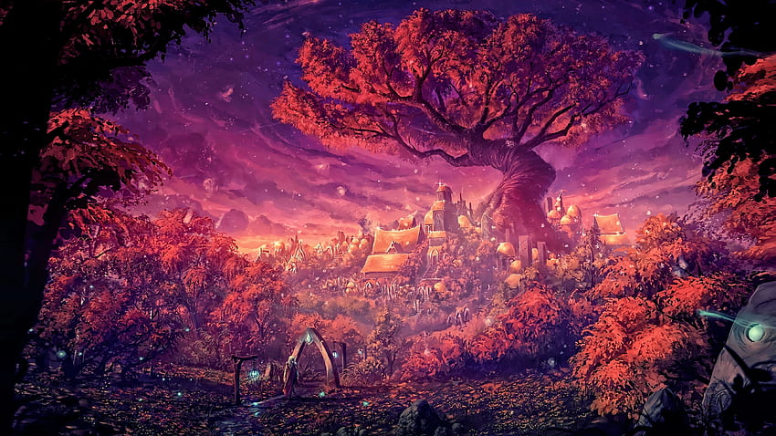 환상의 풍경, 마을, 신성한 나무, 태블릿, 마법의, 가을 for U TV, 환상의 나무 HD 월페이퍼