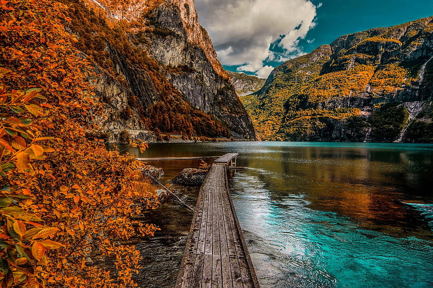 Autumn, wooden dock, lake, forest HD wallpaper