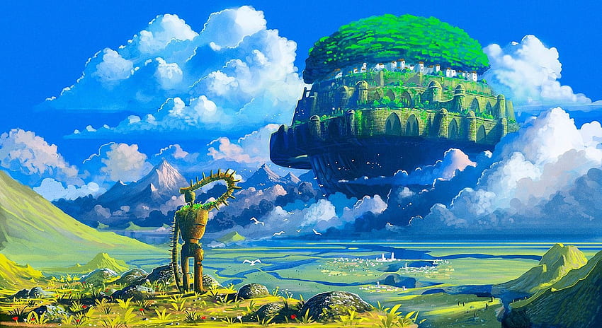 Studio Ghibli, Schloss im Himmel, Roboter, Anime, Hintergrund der schwimmenden Insel. Schloss im Himmel, Studio ghibli Hintergrund, Schlossmalerei, Miyazaki-Kunst HD-Hintergrundbild