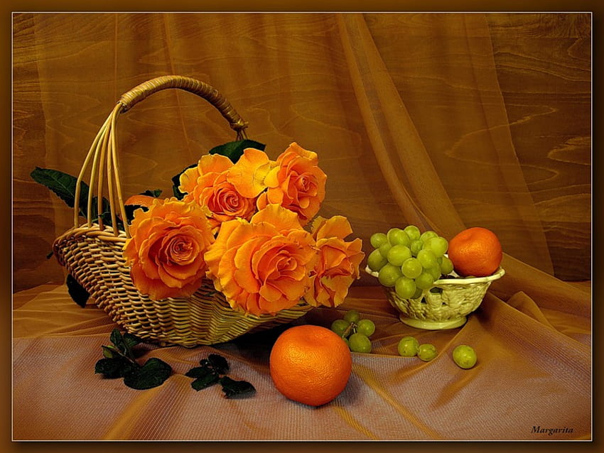 martwa natura, graficznie, róże, piękny, pomarańczowy, kosz kwiatów, mandarynka, elegancki, winogrono, owoce, kwiaty, harmonia Tapeta HD