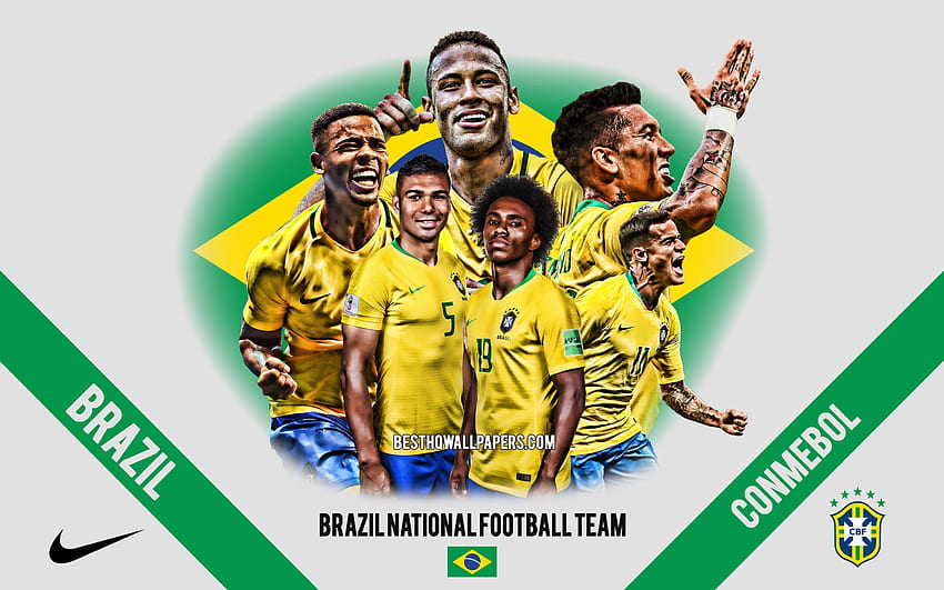 サッカー ブラジル代表チーム、2019 コパ アメリカ、チーム リーダー、CONMEBOL、ブラジル、南アメリカ、サッカー、ロゴ、エンブレム、ネイマール、フィリペ コウチーニョ、ロベルト フィルミーノ、ダニエル アウベス、ガブリエル イエス 高画質の壁紙