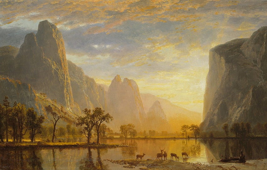 animali, paesaggio, montagne, lago, , Yosemite Valley, Albert Bierstadt per , sezione живопись Sfondo HD