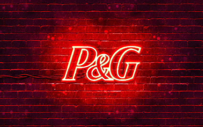 Червено лого на Procter and Gamble, червена тухлена стена, лого на Procter and Gamble, марки, неоново лого на Procter and Gamble, Procter and Gamble HD тапет
