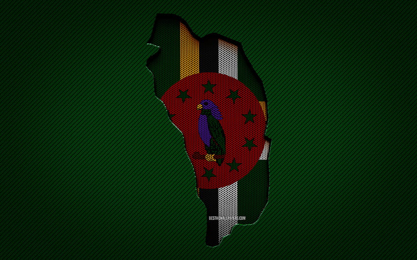 Dominica map, , North American countries, Dominican flag, green carbon background, Dominica map silhouette, Dominica flag, North America, Dominican map, Dominica, flag of Dominica HD wallpaper