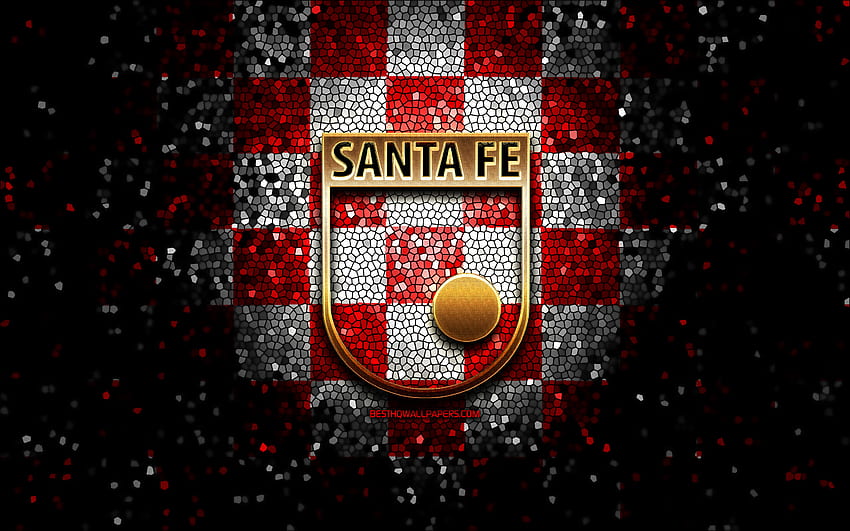 Independiente Santa Fe FC, glitter logo, Categoria Primera A, vermelho branco fundo xadrez, futebol, clube de futebol colombiano, Independiente Santa Fe logo, arte em mosaico, futebol, Independiente Santa Fe, Colombian football league papel de parede HD